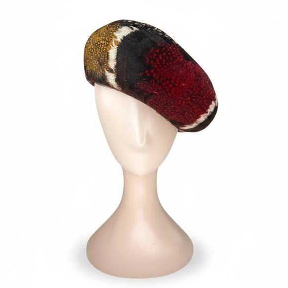 1950s Vintage Feather Tilt Hat Guinea Fowl Pheasant Vintage Percher Millinery - Picture 10 of 10